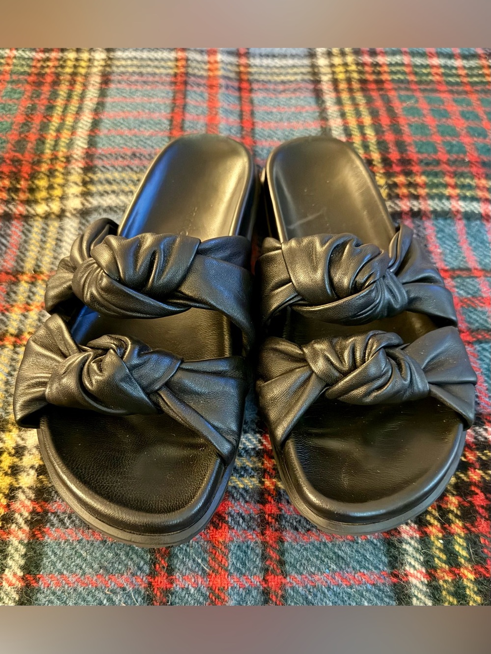 Size EU 39 Dear Frances Black Leather Tye Slide Sandals with Double Knot Straps